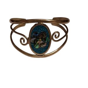 Open Cuff Bracelet Alpaca Silver with Teal Mosaic MOP Center